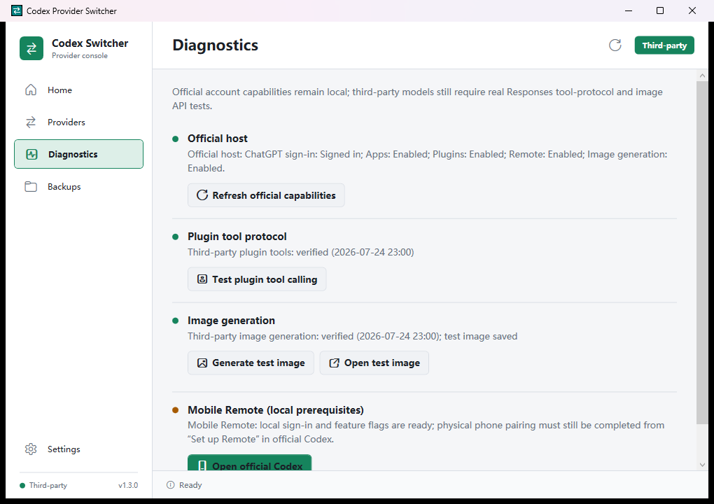Codex Provider Switcher diagnostics screen with official host, plugin, image, and Remote checks